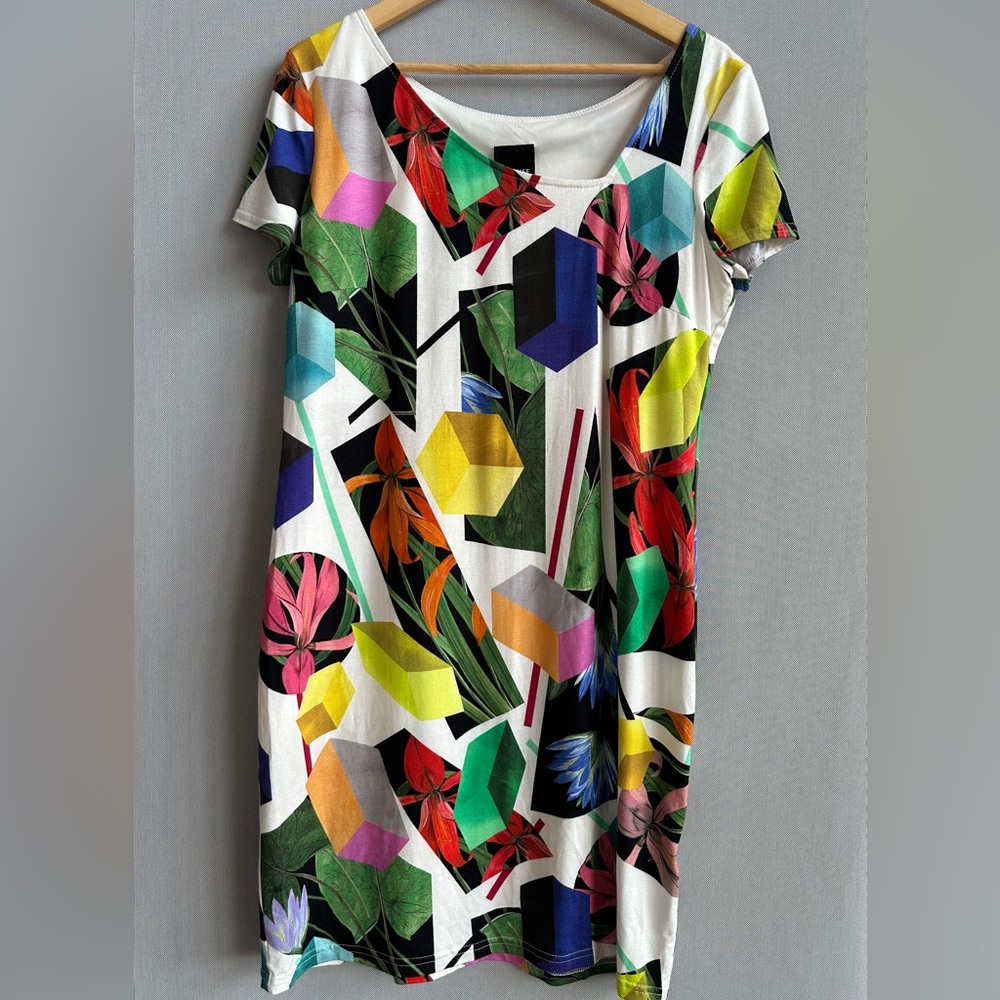White Multi-Color Geometric Floral Midi Dress